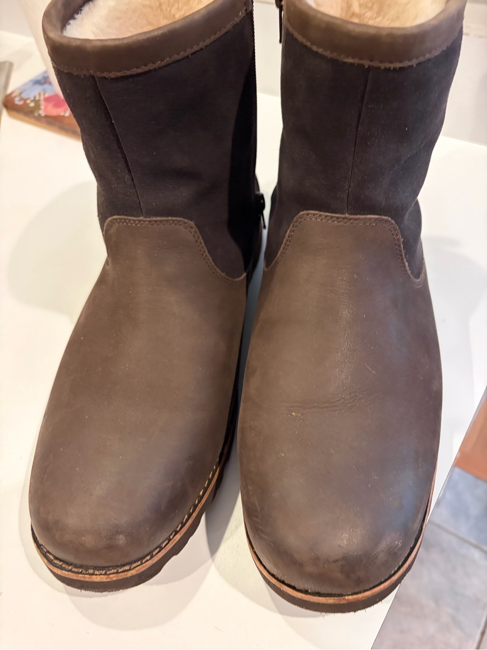 UGG Men's Dark Brown Leather and Suede Shearling Boots with Zipper